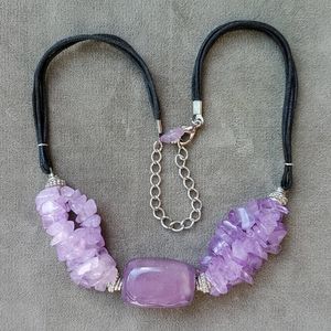 Amethyst Nuggets Necklace Silver Clasp Black Cord